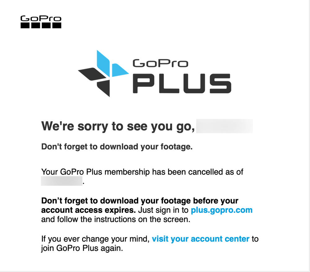 GoPro Plusのキャンセル完了メール