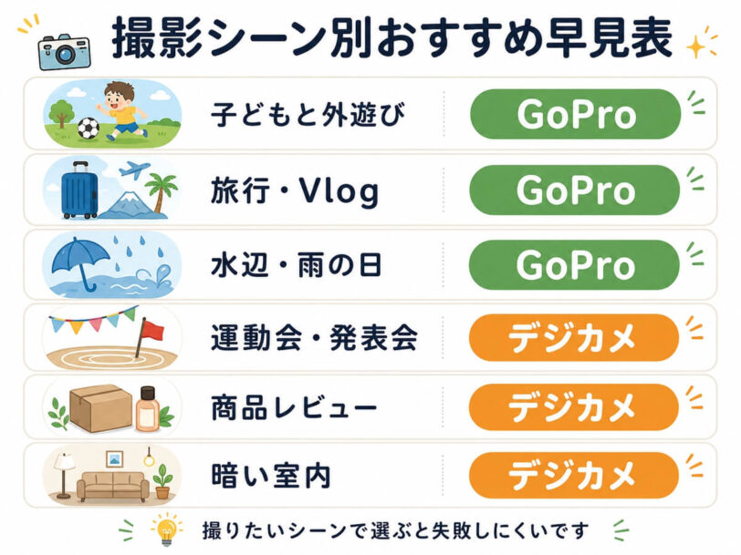 子ども撮影や旅行、商品レビューなど撮影シーン別にGoProとデジカメのおすすめを比較した早見表