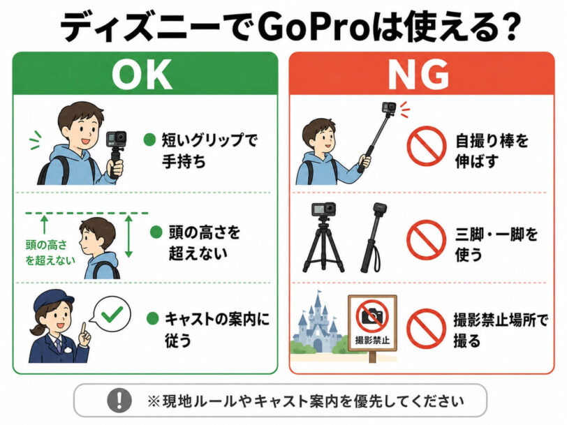 ディズニーでGoProを使うときのOKとNGを比較する図解