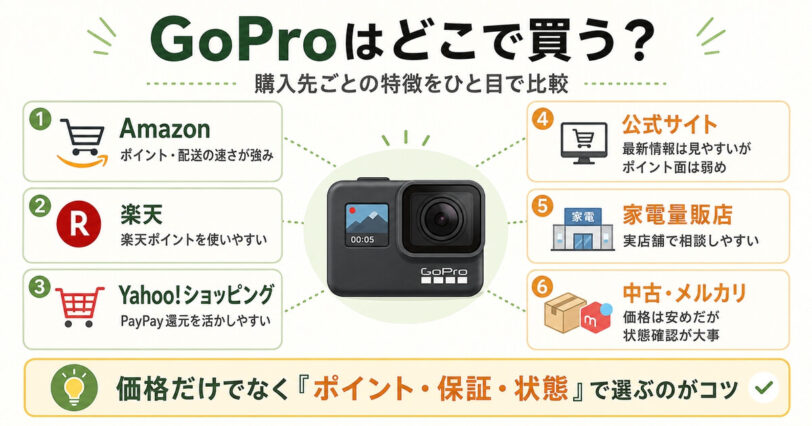 GoProをどこで買うべきかAmazon楽天Yahoo公式家電量販店中古の特徴を比較した図解