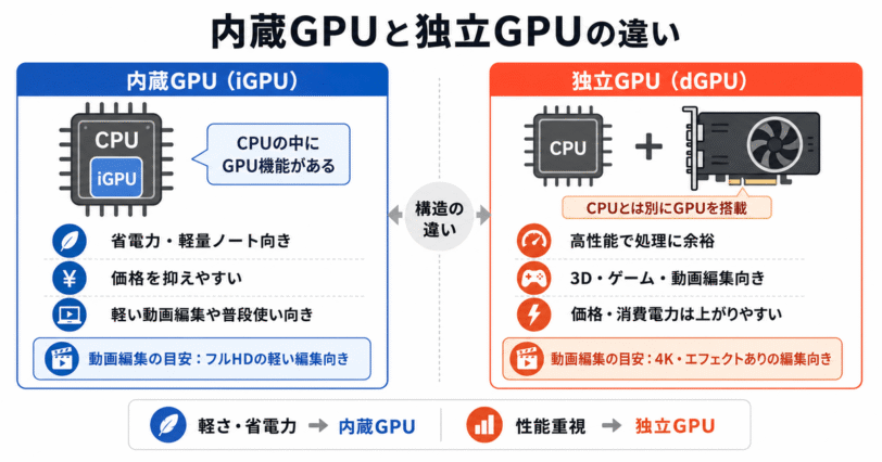 内蔵GPUと独立GPUの違いを比較した図解