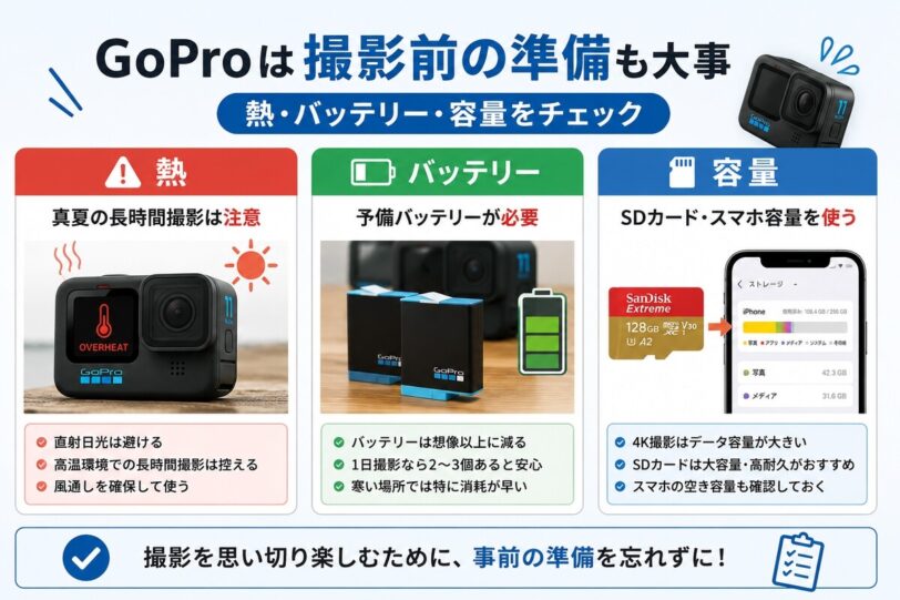 GoPro撮影前に確認したい熱とバッテリーと容量の注意点をまとめた図解