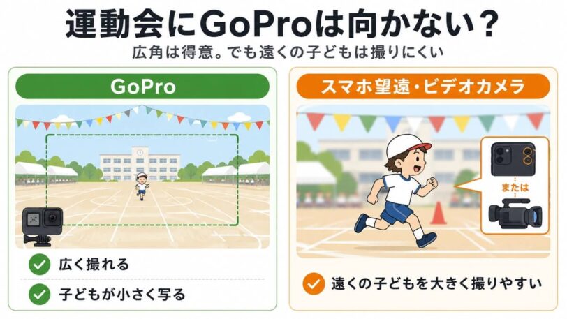 GoProが運動会の望遠撮影に向かない理由を比較した図解