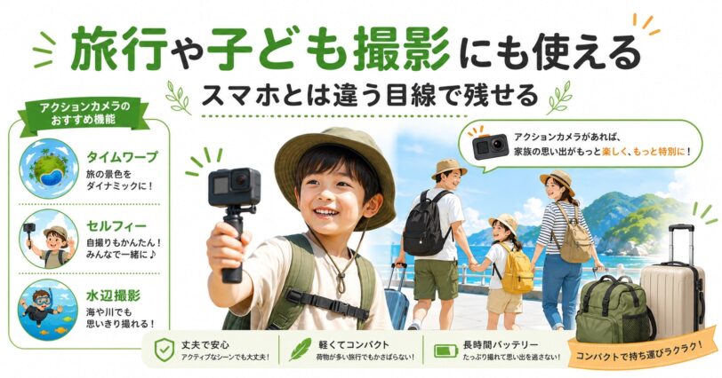 GoProを旅行や子ども撮影で使うアイデアをまとめた画像