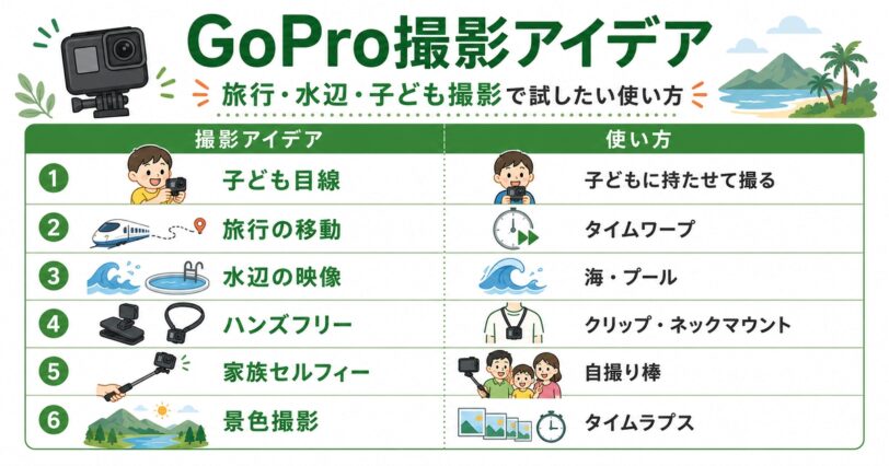 GoProで試したい撮影アイデアを一覧でまとめた図解