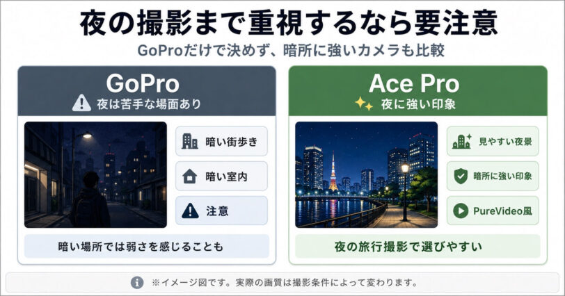 GoProとAce Proの夜間撮影の違いを比較した図解