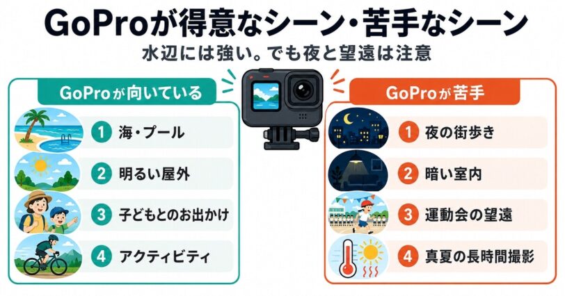 GoProが得意なシーンと苦手なシーンを比較してまとめた図解