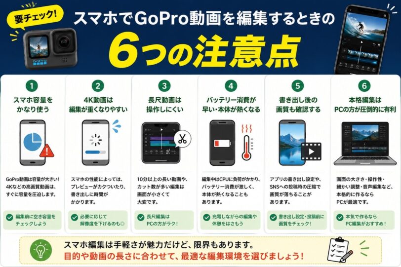 スマホでGoPro動画を編集するときの容量や4K編集、長尺動画、バッテリー消費、PC編集の注意点をまとめた図解
