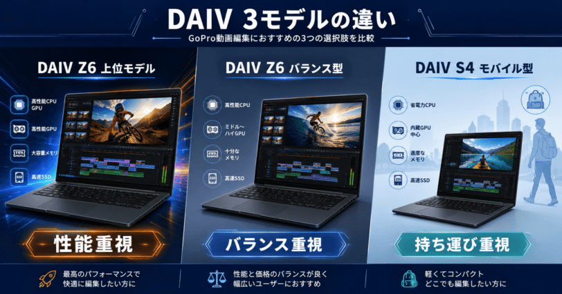GoPro動画編集向けのDAIV 3モデルの違いを比較した画像