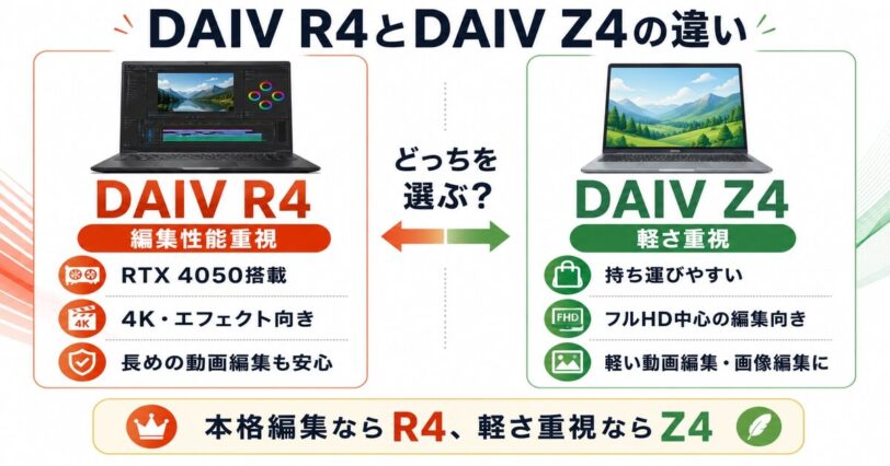 DAIV R4とDAIV Z4の違いを動画編集目線で比較した図解