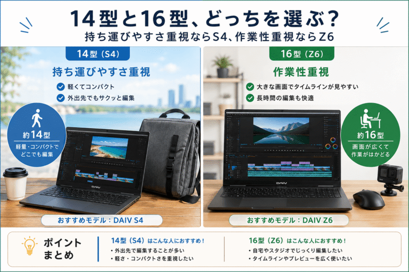 14型のDAIV S4と16型のDAIV Z6の違いを比較した画像