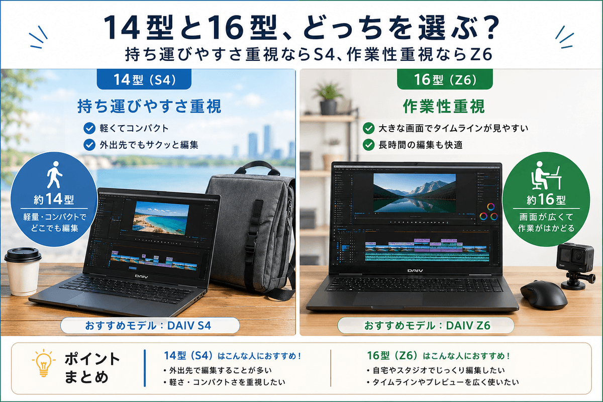 DAIV S4とDAIV Z6のサイズと用途を比較した図