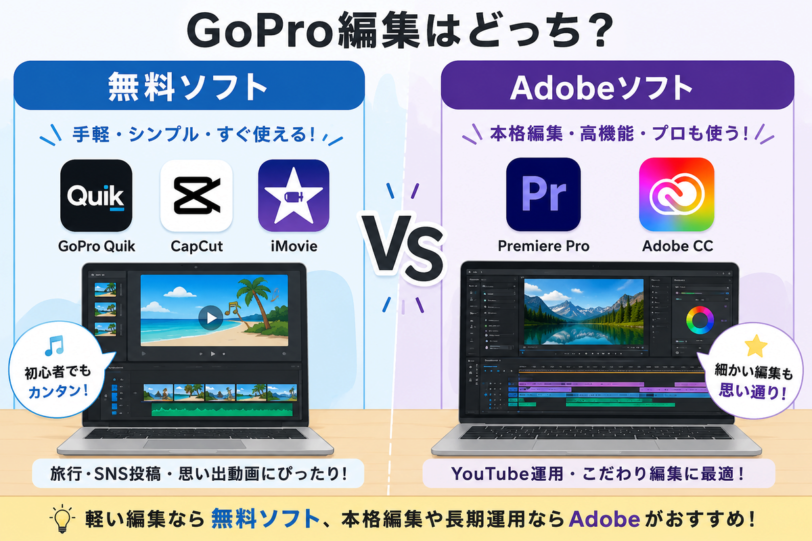 zGoPro動画編集で無料ソフトとAdobeソフトの違いを比較しているイラスト