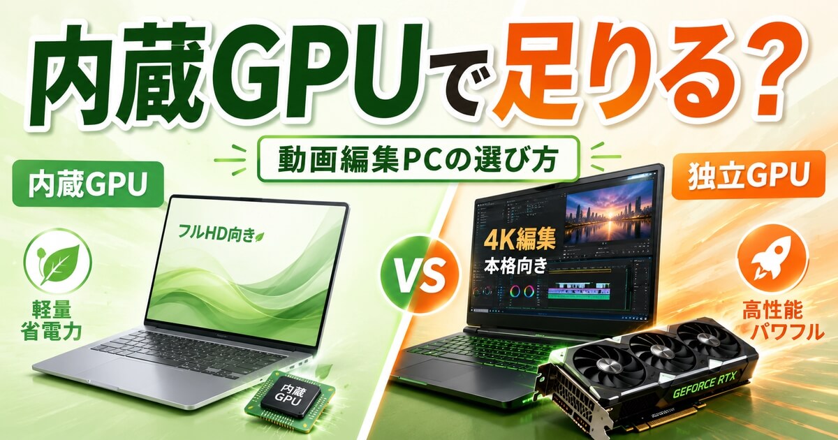 動画編集ノートPCで内蔵GPUと独立GPUを比較する記事のアイキャッチ画像