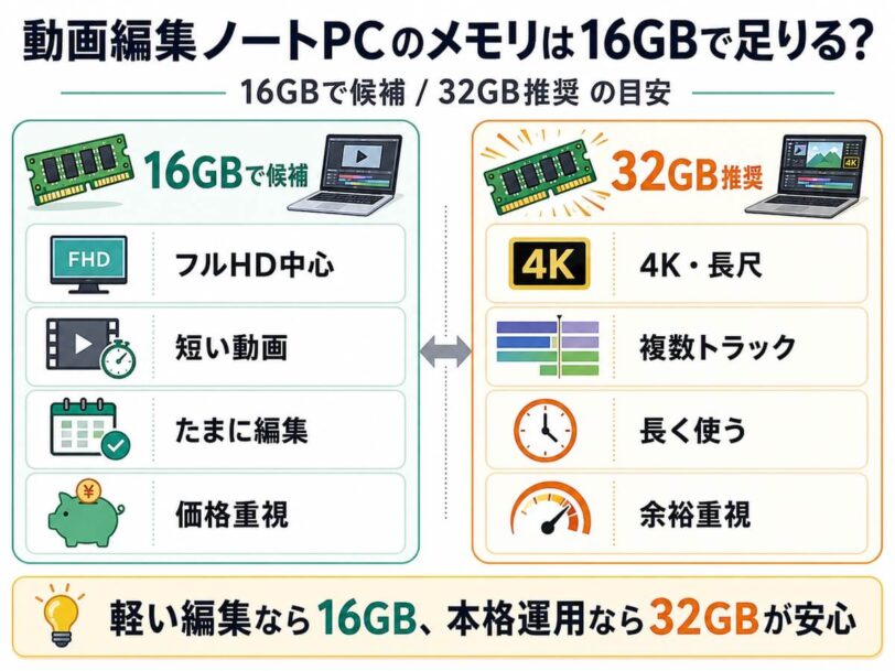 動画編集ノートPCでメモリ16GBと32GBの違いを比較した図解