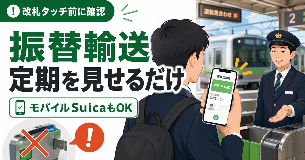 振替輸送でモバイルSuica定期の画面を駅員に見せる方法を説明するアイキャッチ画像