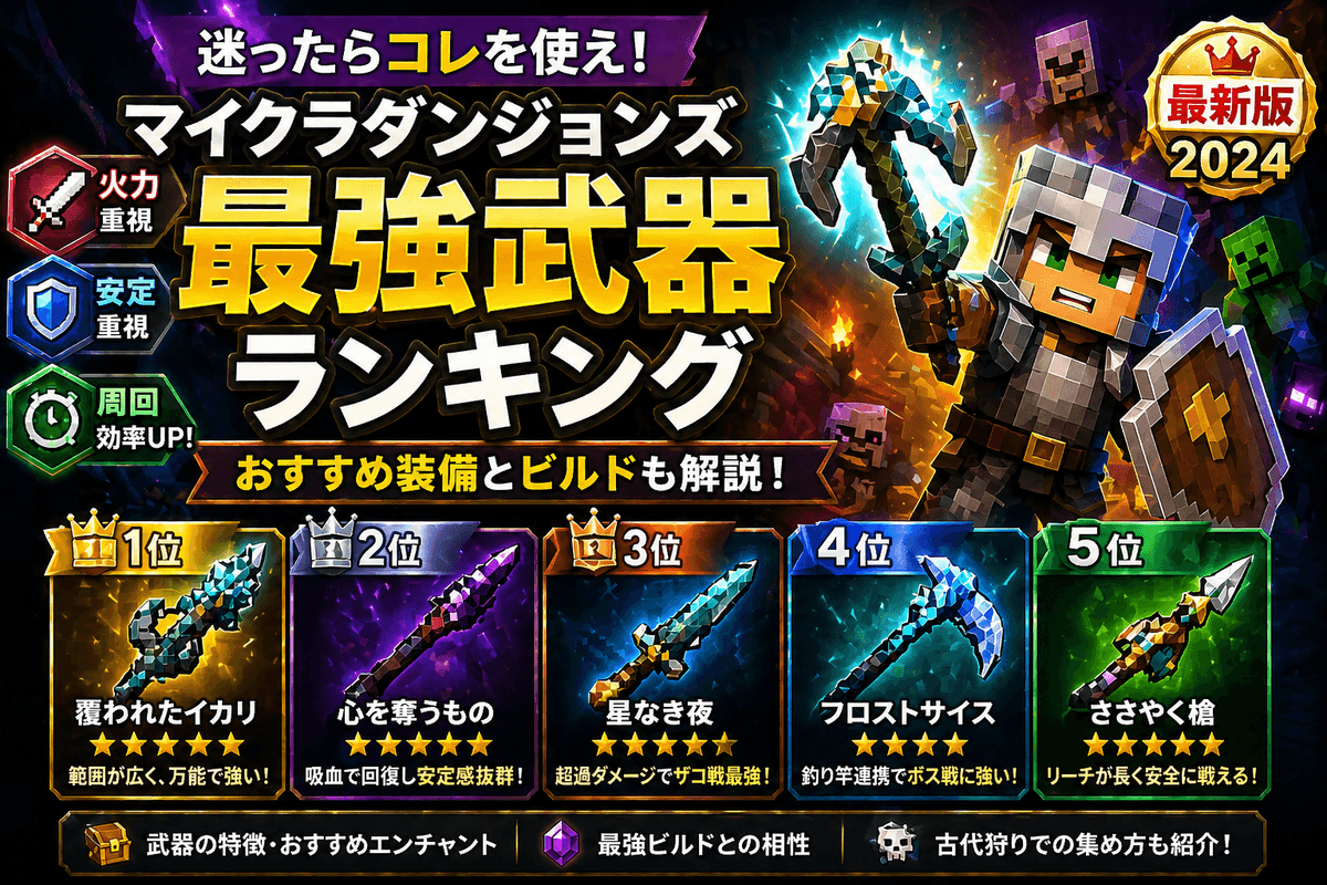 マイクラダンジョンズの最強武器ランキングとおすすめ装備・ビルド解説
