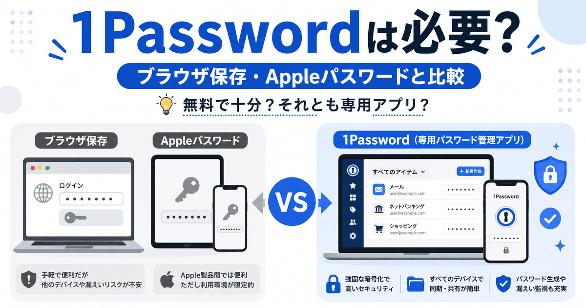 1Passwordが必要かブラウザ保存やAppleパスワードと比較したイメージ