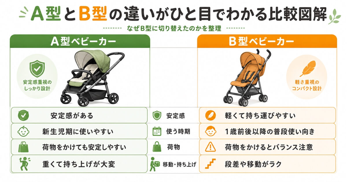 A型ベビーカーとB型ベビーカーの違いを比較した図解