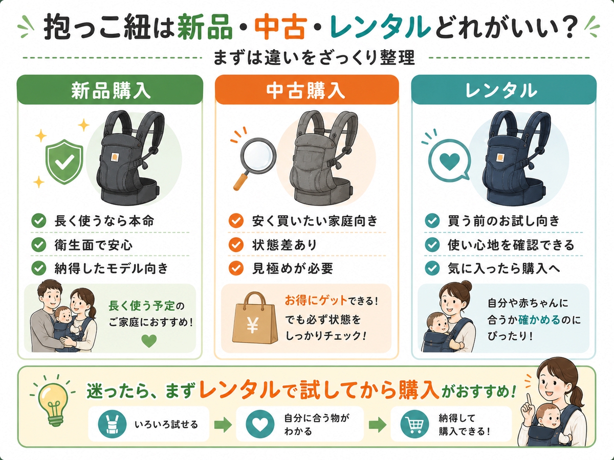 抱っこ紐を新品購入・中古購入・レンタルで比較した図解