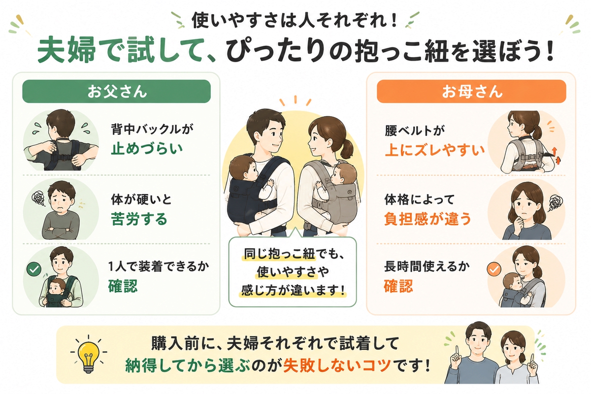 抱っこ紐をお父さんとお母さんで試して使いやすさを確認する図解
