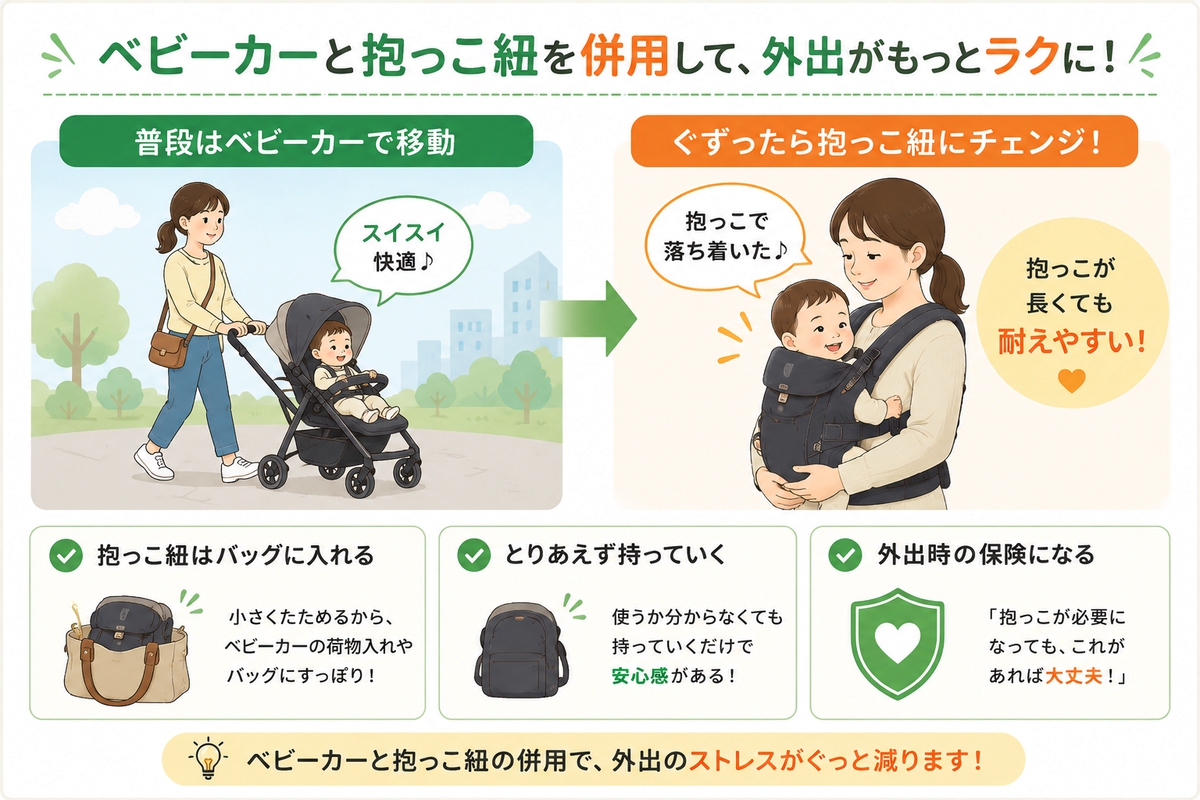 ベビーカーと抱っこ紐を併用して外出するイメージ