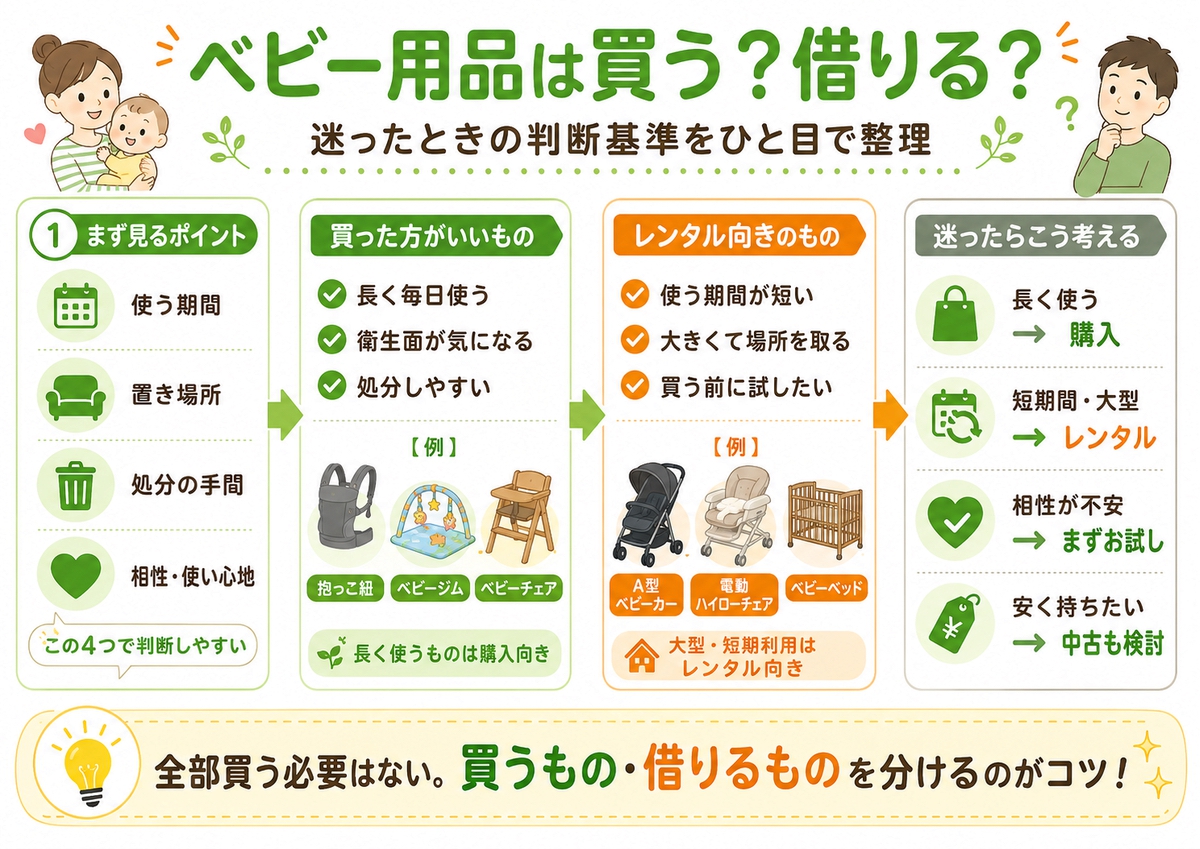 ベビー用品を買うかレンタルするか判断するための図解