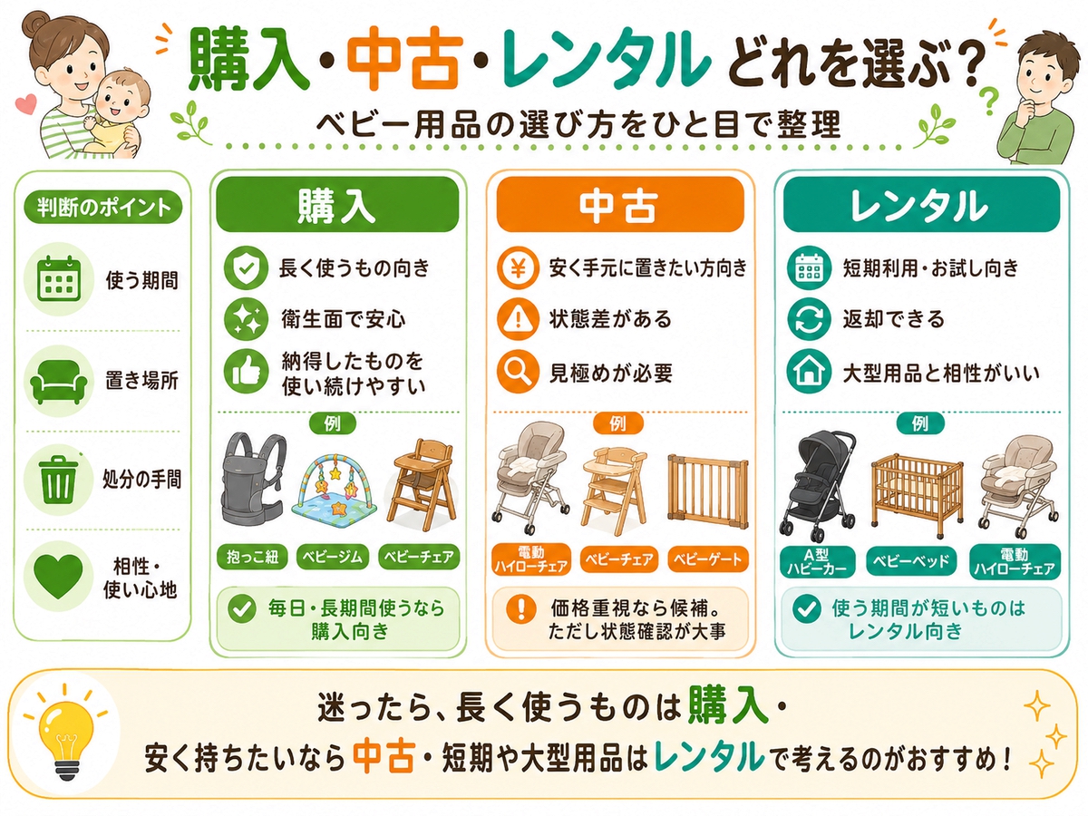 ベビー用品を購入・中古購入・レンタルで比較した図解