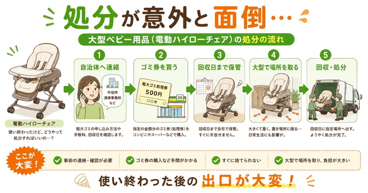 電動ハイローチェアの処分や粗大ゴミ手続きの流れを示した図解