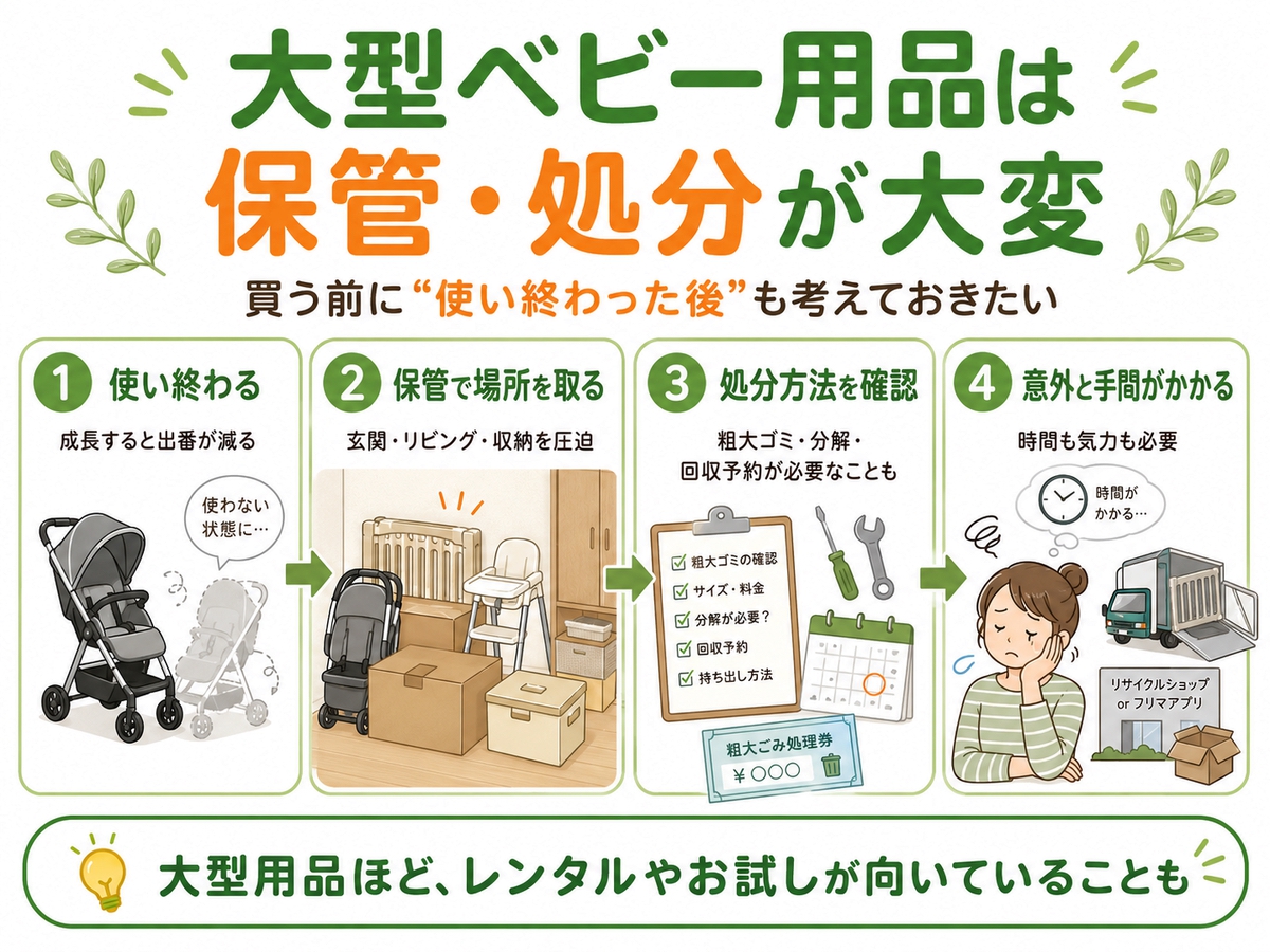 大型ベビー用品の保管や処分が大変な流れを示した図解