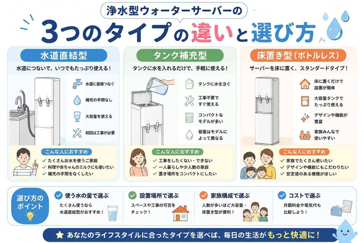 浄水型ウォーターサーバーの種類と選び方を示した図解